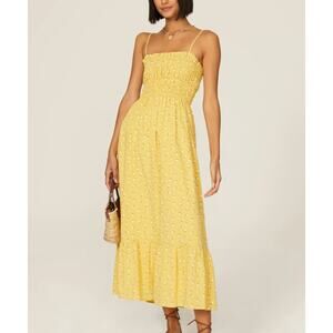 Line and Dot Yellow Calico Smocked Midi Nap Dress LARGE Sundress Cotton $143